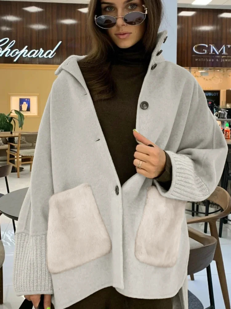 Loose Knit Fur Womens Sweater Casual Standup Collar Long Sleeve Single-breasted Female Cardigan 2025 Winter Pocket Knitwear 251225