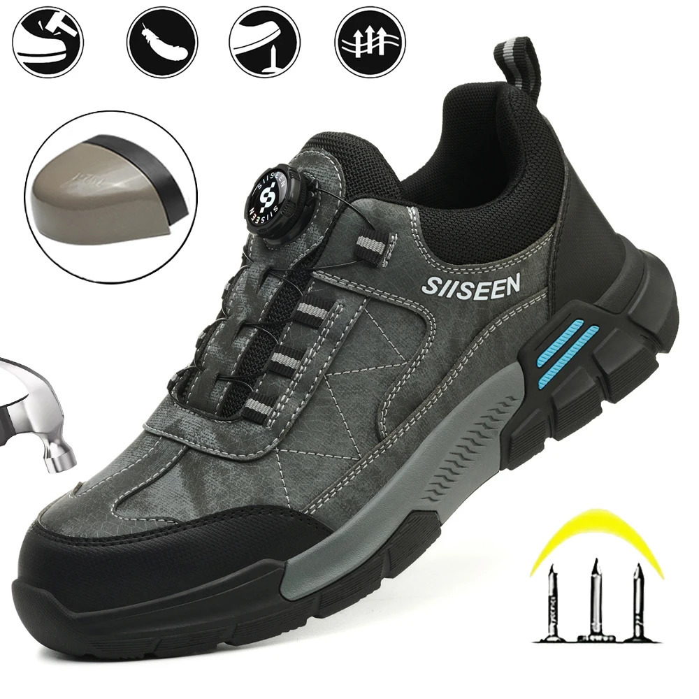 Mens Industrial Safety Shoes Steel Toe Anti-Puncture Fashionable Button Detail Anti-Slip Sole Comfort Work Boots 251226