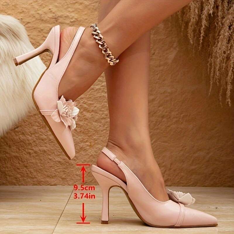 Women S Fashion Outdoor Banquet Party Pointed Toe Slip On Flat Shoes With Three Dimensional Flower Back Strap And Stiletto Heel MOJIDASHU