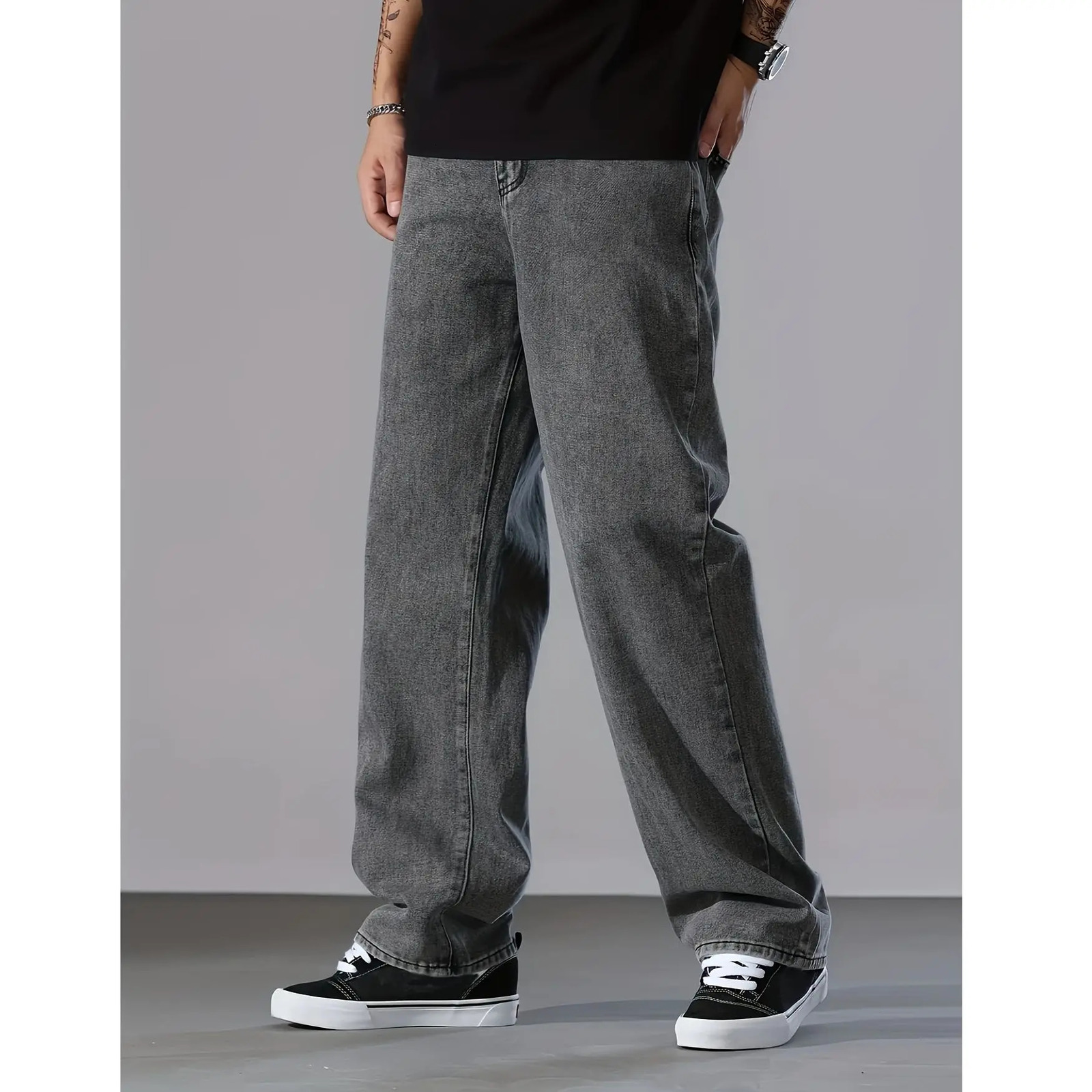 Large mens loose straight tube gray washed denim jeans suitable for all seasons versatile daily use wide leg pants 251205