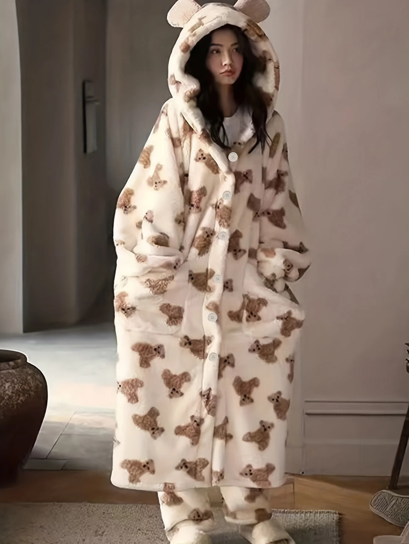 Cozy Teddy Bear Pajama Dress Plush Hooded Nightgown with Ears Thickened FullZip Loungewear for Women Hand Washable 251231