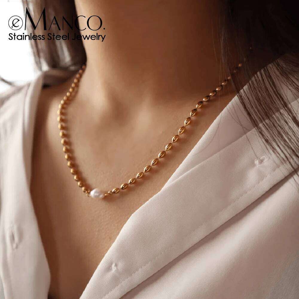 eManco Vintage Stainless Steel Women's Faux Pearl Pendant Gold Plated Oval Bead Chain Necklaces Luxury Party Gift Recommendation