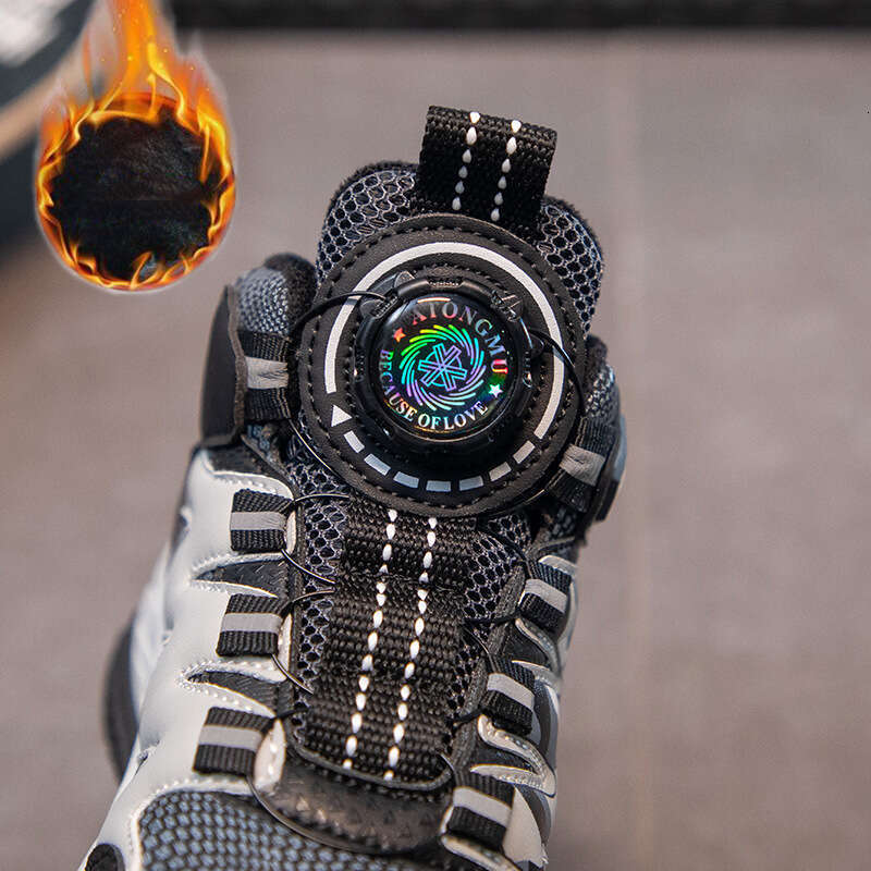 Boys Winter Fleece-Lined Cotton Rotating Button Hiking Shoes Cool Thick-Soled Fashionable Outdoor Footwear for Teenagers