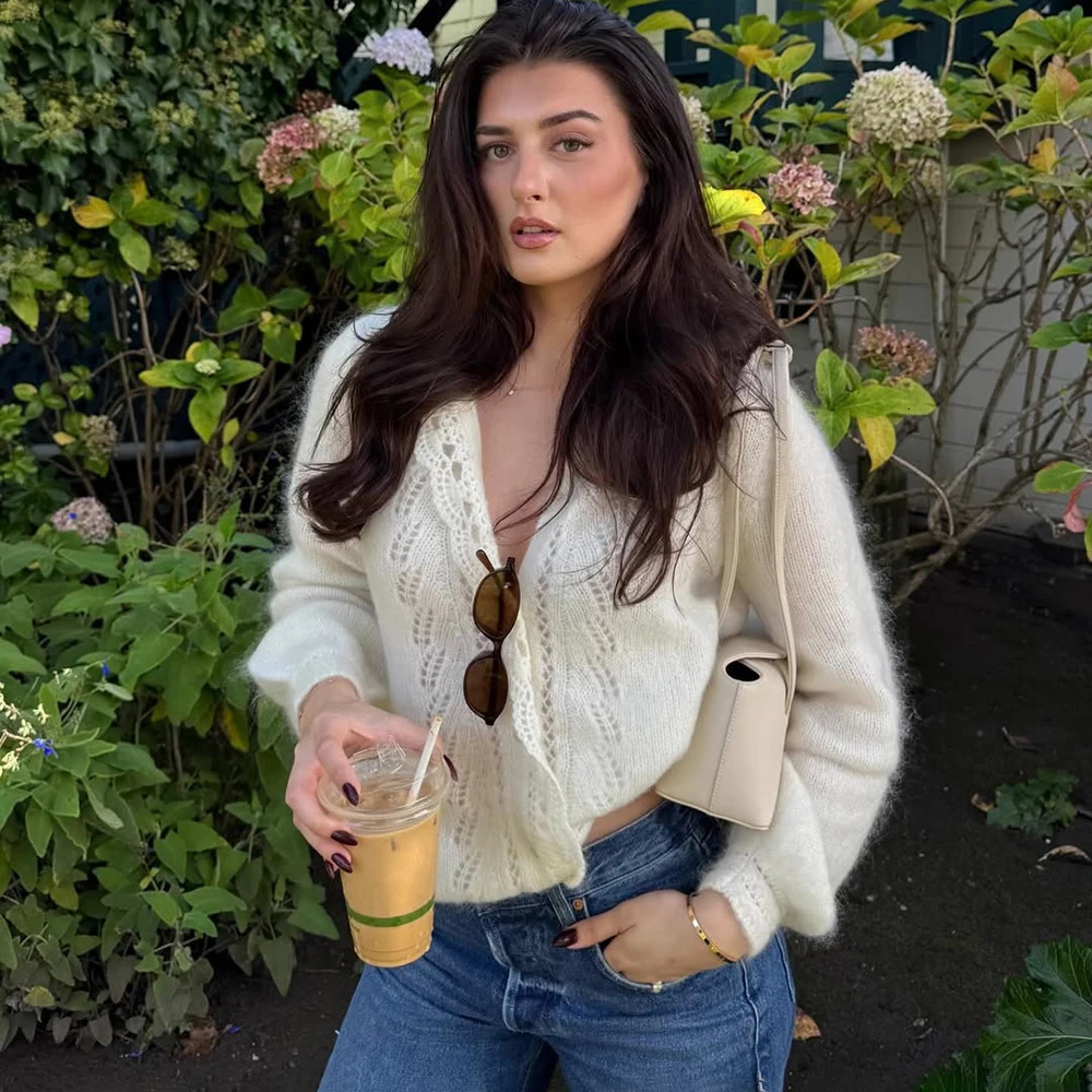 Tuularose Womens White Cardigan Fashion Hollow Lace Patchwork Loose Sweaters Elegant Office Basic Autumn Female Cardigan 251224