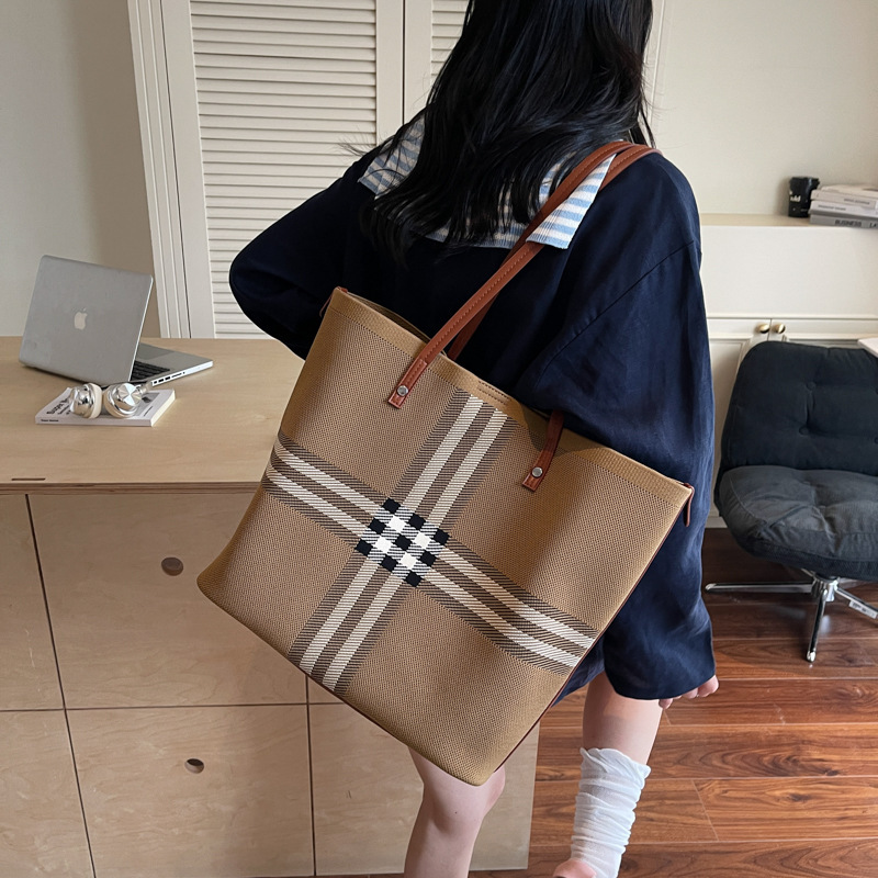 designer bag New Capacity Tote Casual Shoulder Fabric Striped Women's Commuter Large Bag Grocery Basket