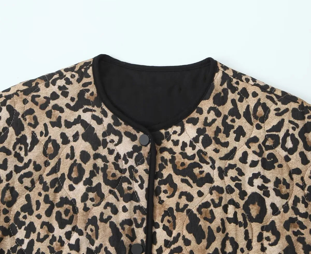 Autumn and Winter Womens Round Neck Long Sleeve Animal Printed Cotton Jacket Outerwear 251225