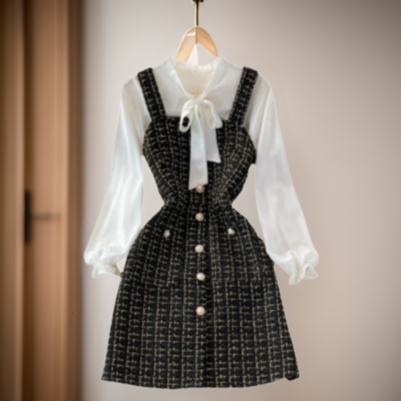 Urban Women's Dress - European And American Style Bow-neckline Dress For Social Elites Set With Small Bows For Decorationelegant Double-layer Des