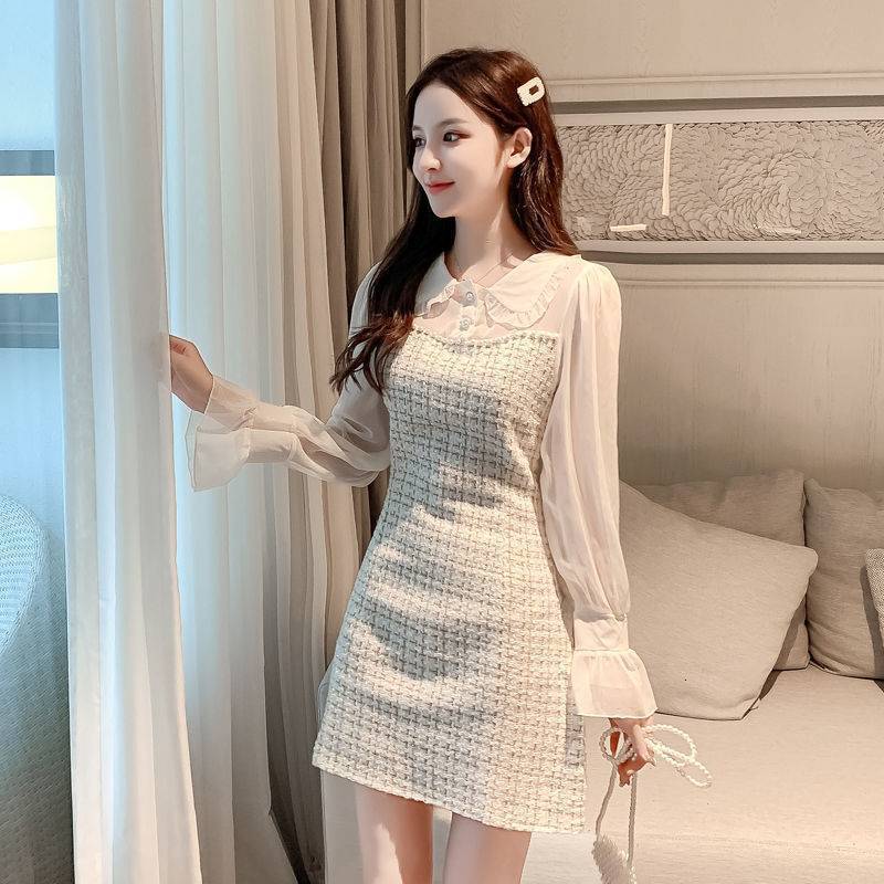 Spring-early Autumn 2026 New Style Petite And Exquisite Fashionable French-style Dress With Fabric Patchwork Urban Fit Sexy Long Sleeves Women's 