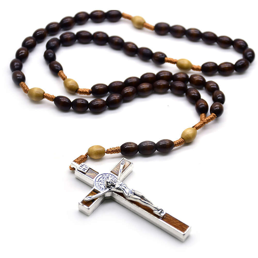 8*10 Dark Coffee Color Rice-Shaped Wooden Beads Rope Braided Rosary Cross Necklace Export Jewelry