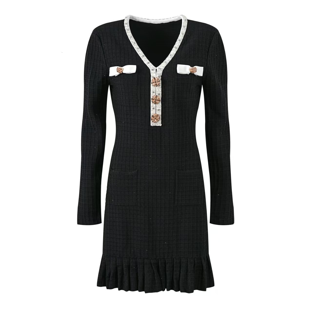 European And American Style Long-sleeved Ruffled Dress With Color-matched V-neck And Fitted Knitted Short Skirt Suitable For Ladies To Wear In Autumn 