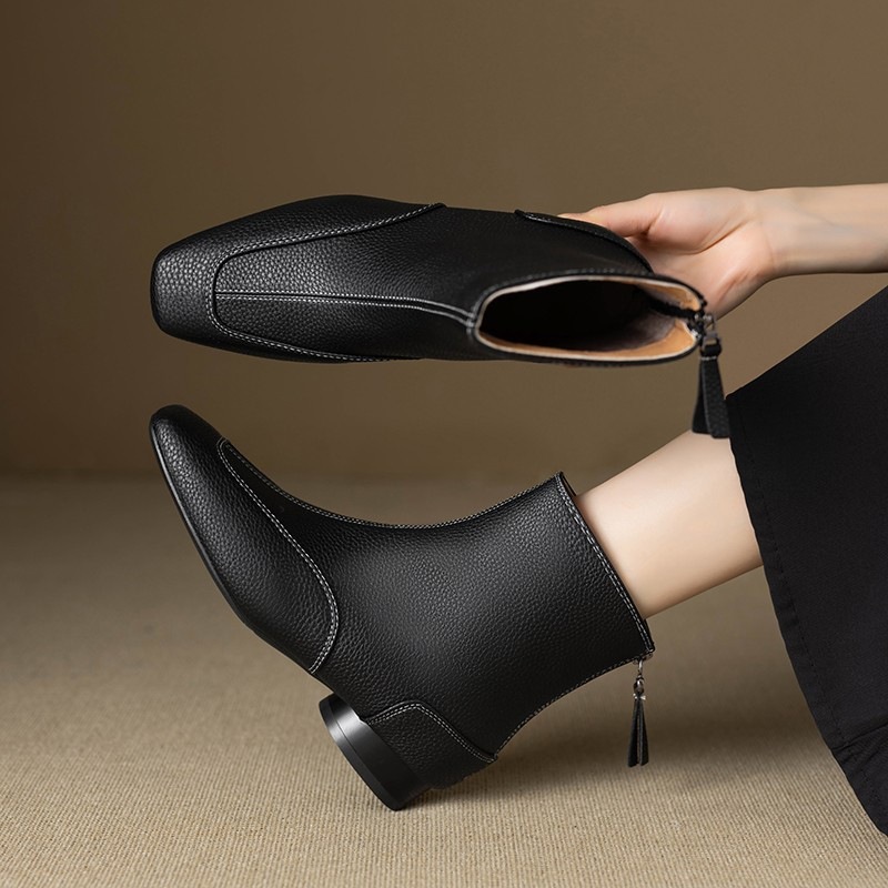 Ddmysports Autumn Winter New Square Toe Chunky Heel Elegant Short For Women With Fleece Chelsea French Retro Soft Leather British Style Martin Boots Outdoor Shoes