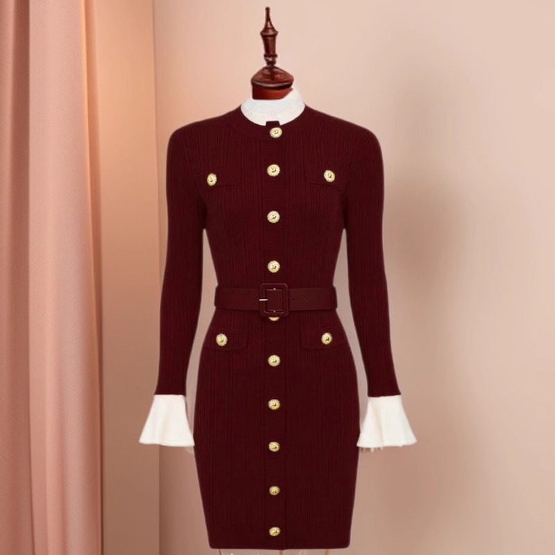 2026 Autumn/winter New Style Urban Sexy Women's Dress - French Style Elegant Model - Round Neck Long Sleeve Single Button Form-fitting Close-fitt
