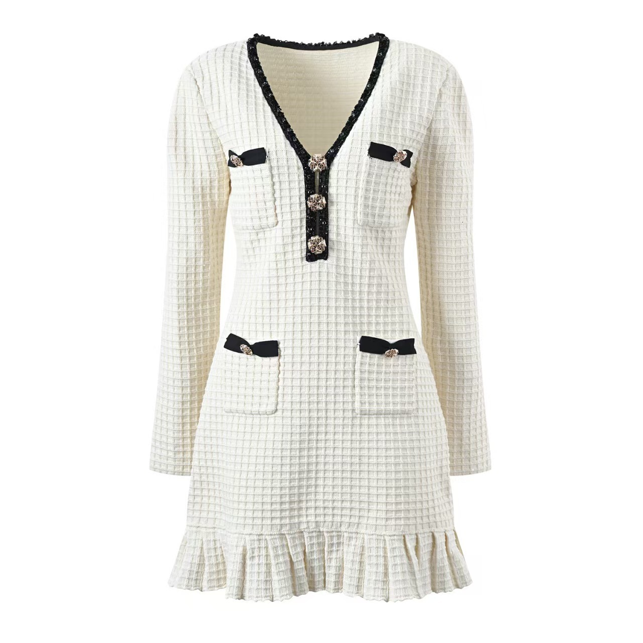 European And American Style Long-sleeved Ruffled Dress With Color-matched V-neck And Fitted Knitted Short Skirt Suitable For Ladies To Wear In Autumn 