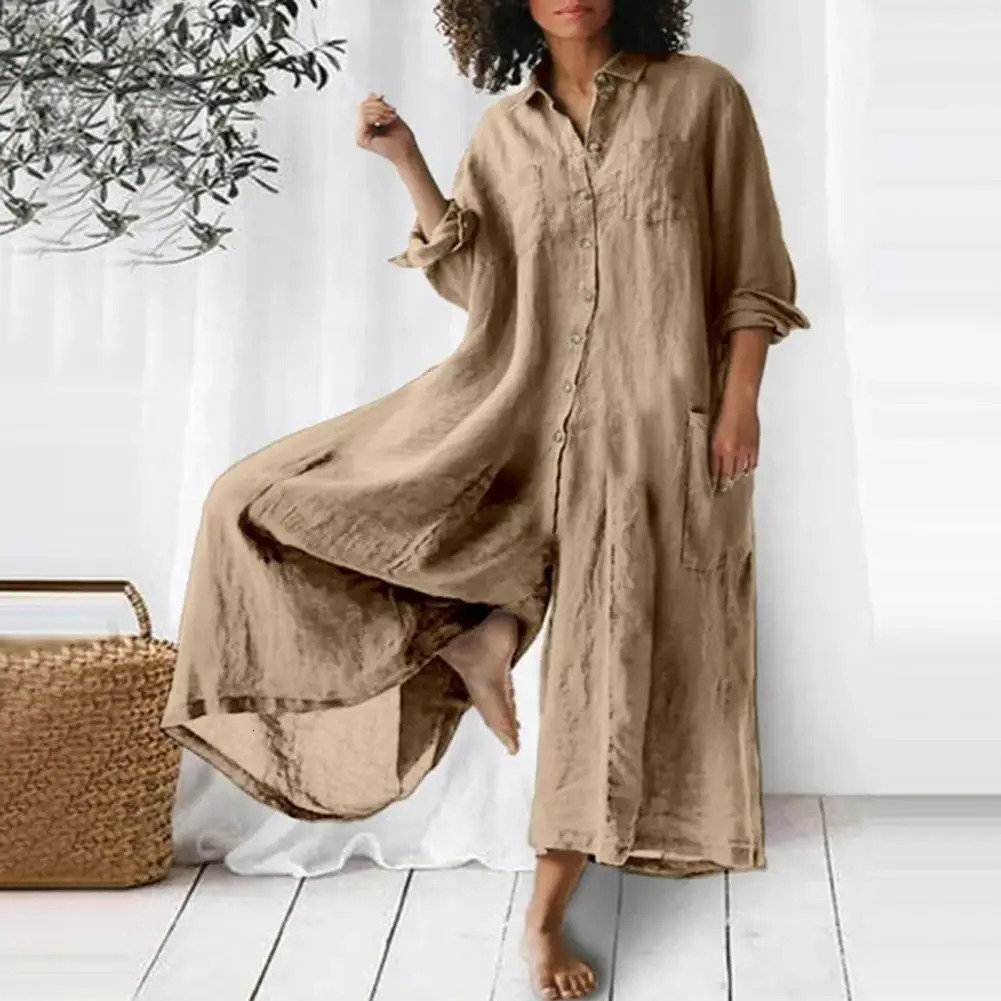 Casual Jumpsuit Breathable Cotton Linen Button Clre Female Wide Legs Pants Long Romper Adults Streetwear 251226