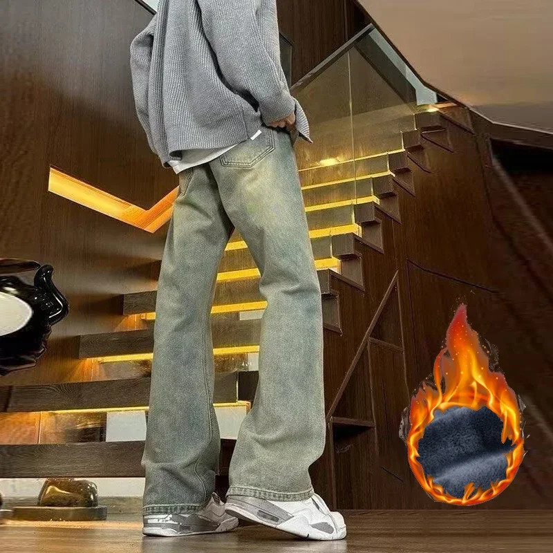 2025 Men Autumn Winter Warm Jeans Male Fleece Lined Thickened Casual Denim Pants Loose Straight Black Elasticity Trousers 251226