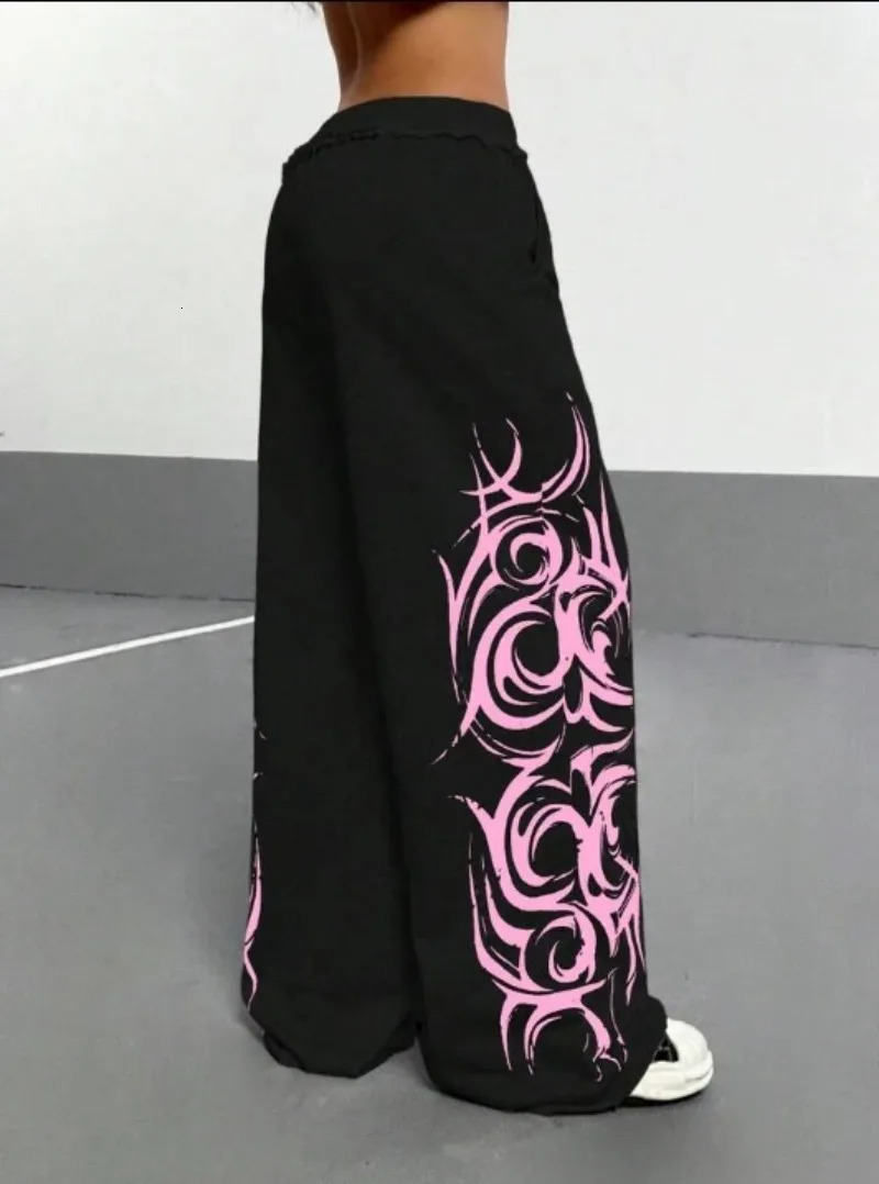 Baggy Slacks Black Pink Contrast Y2K Track Pants Women Street Fashion American Jogging Pants Hip Hop Totem Graffiti 251226