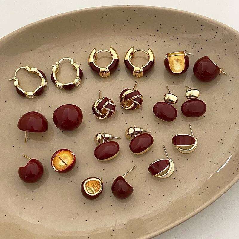 Real 925 Sterling Silver Red Enamel Geometric Stud Earrings for Women Vintage Fine Jewelry Minimalist Light Luxury Accessories