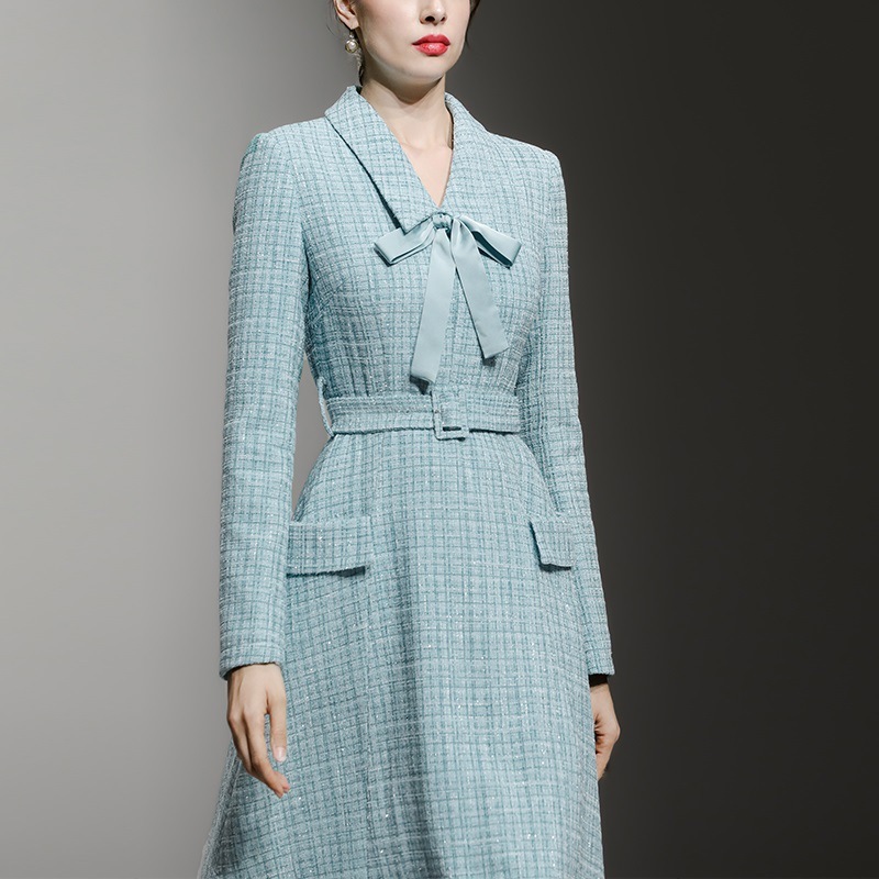 Urban Luxury Fall-winter New Style Women's Dress - Elegant Grey And Blue Tweedsexy Fitted Fashion Ensemble Dress Long Skirt