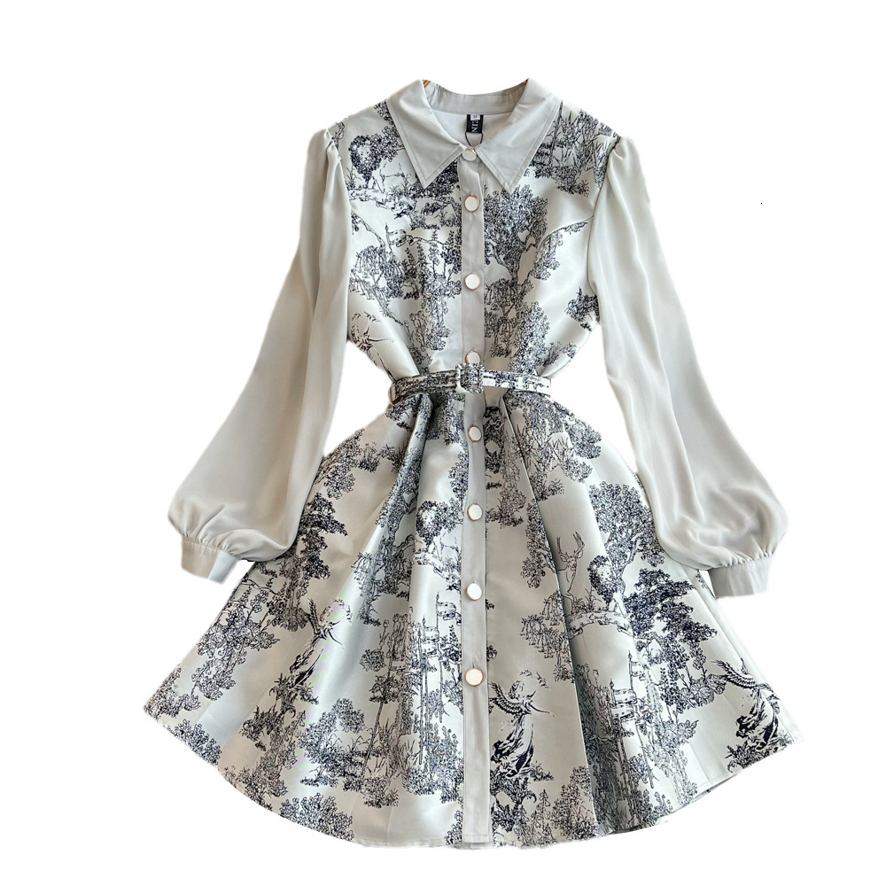 Fashionable Socialite Elegant, Fluffy Long-sleeved With A Narrow Waist Fitted And Tight Design A-shaped Single-button Ink Painting Pattern Shirt