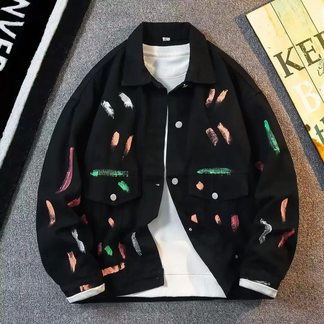 Autumn and Spring Fashion Trend Printed American Vintage Black Denim Jacket Mens Casual Loose Sports Plus Size Coat M3XL 251230