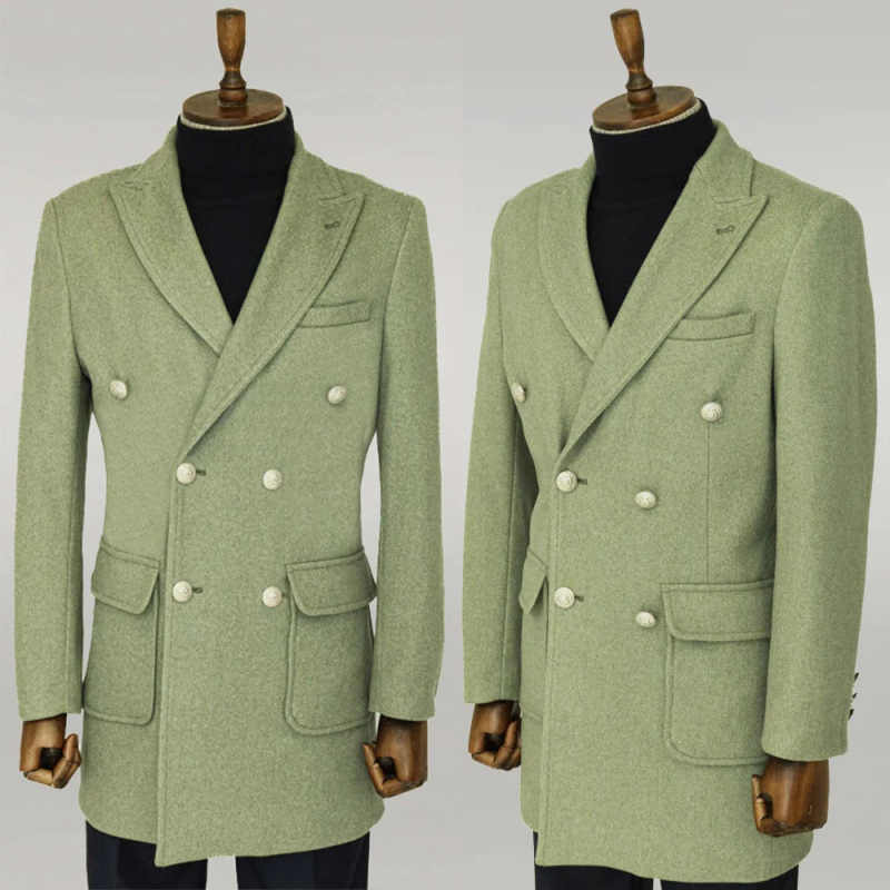 Classic One Piece Men Overcoat Peaked Lapel Double Breasted Jacket Blazers Woolen Autumn Winter Customized Outwear
