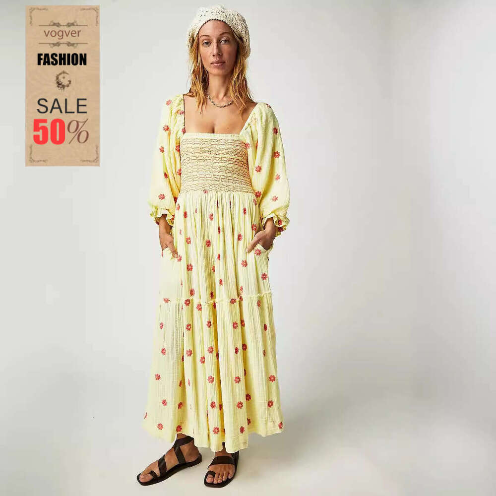 Dress for Women 2026 Autumn New Casual Flared Sleeve Embroidered Square Neck Sunflower Big Hem Niche High-End Luxury Wear