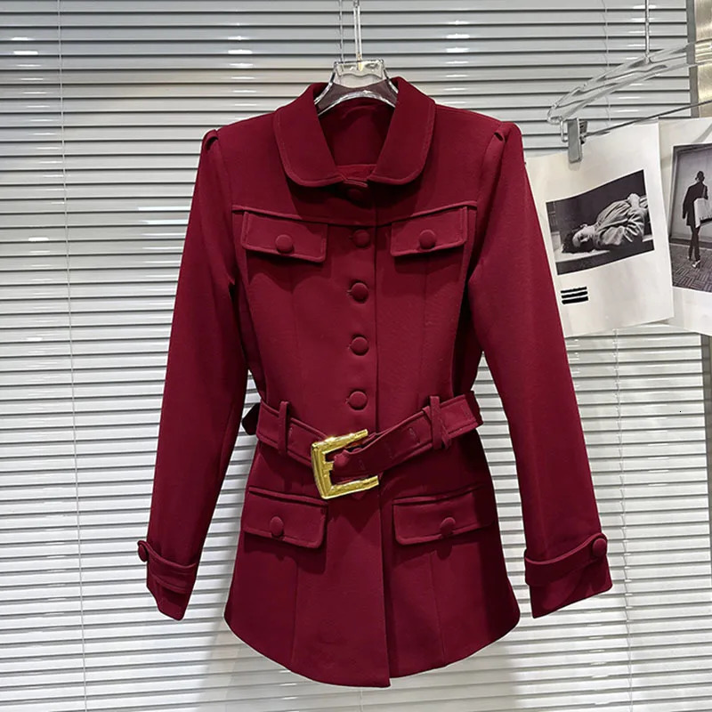 DEAT 2026 Spring Fashion Metal Buckle Belt Waist Shoulder Pad Trench Coat For Women Temperament Windbreaker Female 11A08364 251231