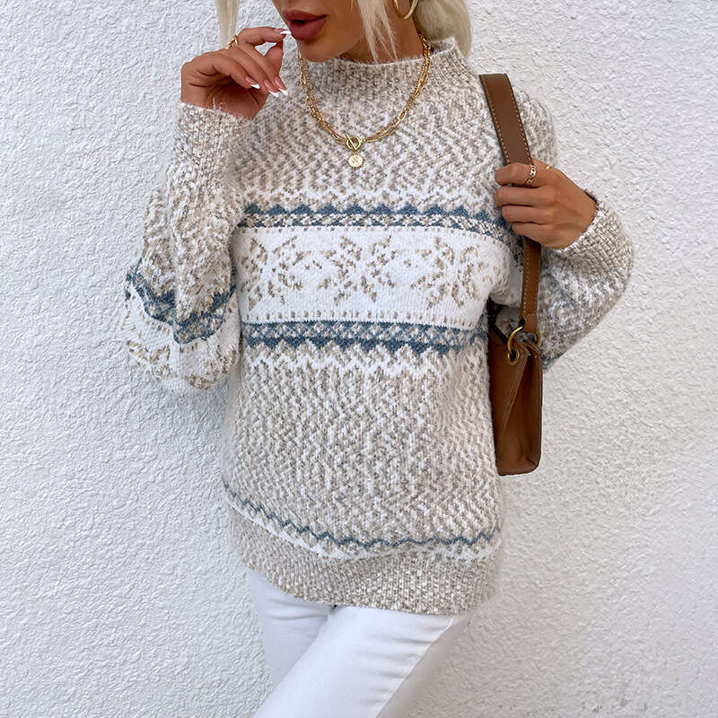 European and American Foreign Trade Christmas Knitted Autumn Winter New Amazon Half Turtleneck Snowflake Sweater for Women