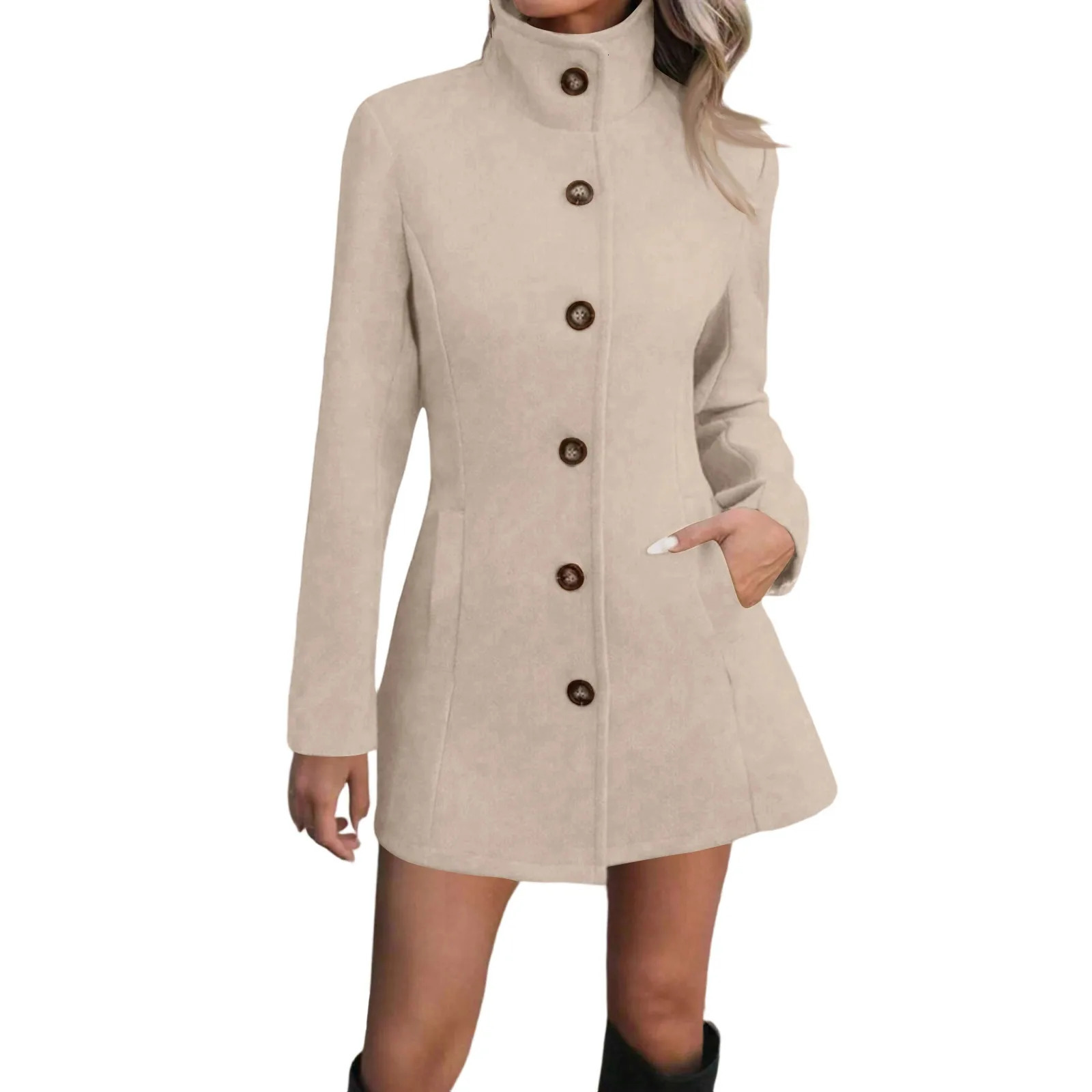 Womens Autumn Winter Turtleneck Woolen Coat Fashionable Casual Wool Overcoat Slim SingleBreasted Pocket Trench 251216