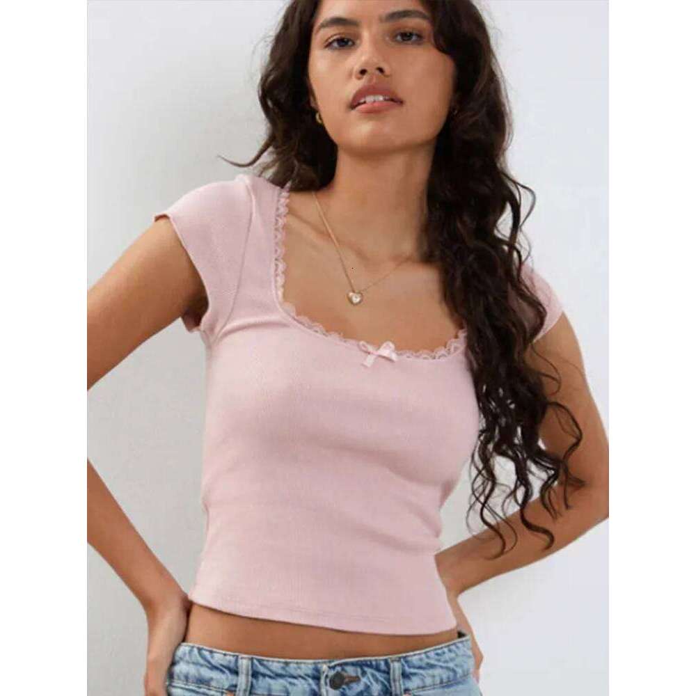y2k Vintage Baby Cottage Lace Trim Knitted T-Shirt Summer Square Neck Short Sleeve Tee Shirt Women White Milkmaid Crop Top