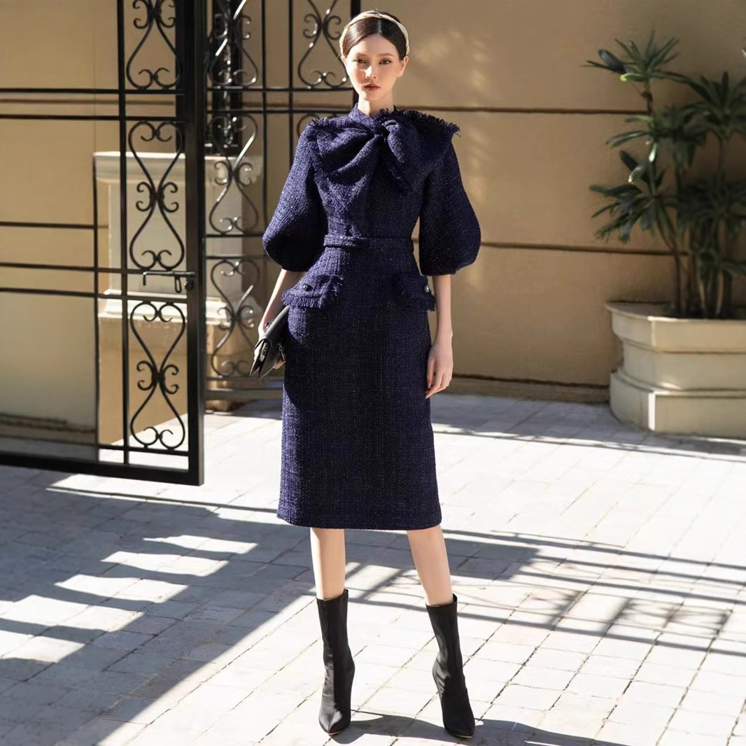 Fashionable And Elegant Urban Sexy Women's Dress 2026 Autumn New Style Tweed Mid-length Sleeve Bow Design Fitted Dress