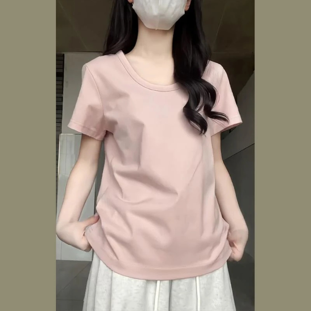 2026 Summer New Style Pink V-Neck Casual Multi-Purpose Loose Short-Sleeved T-Shirt for Women, Straight Shoulder Lazy Sleeveless Top Shirt