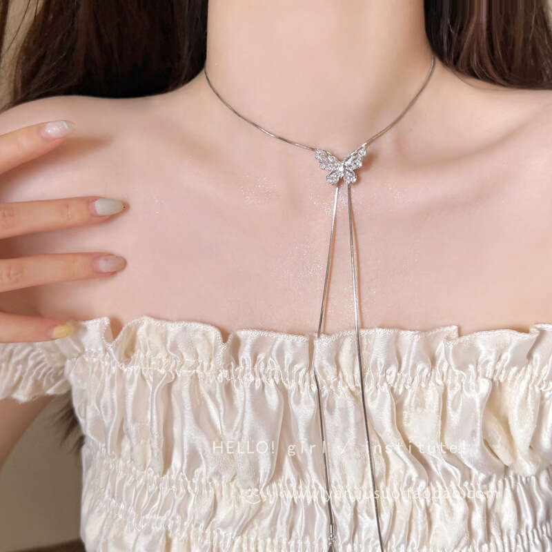 Silver Sparkling Zircon Butterfly Long Tassel Necklace for Women, Unique Design, Pullable Clavicle Chain, Light Luxury Neck Chain Accessory