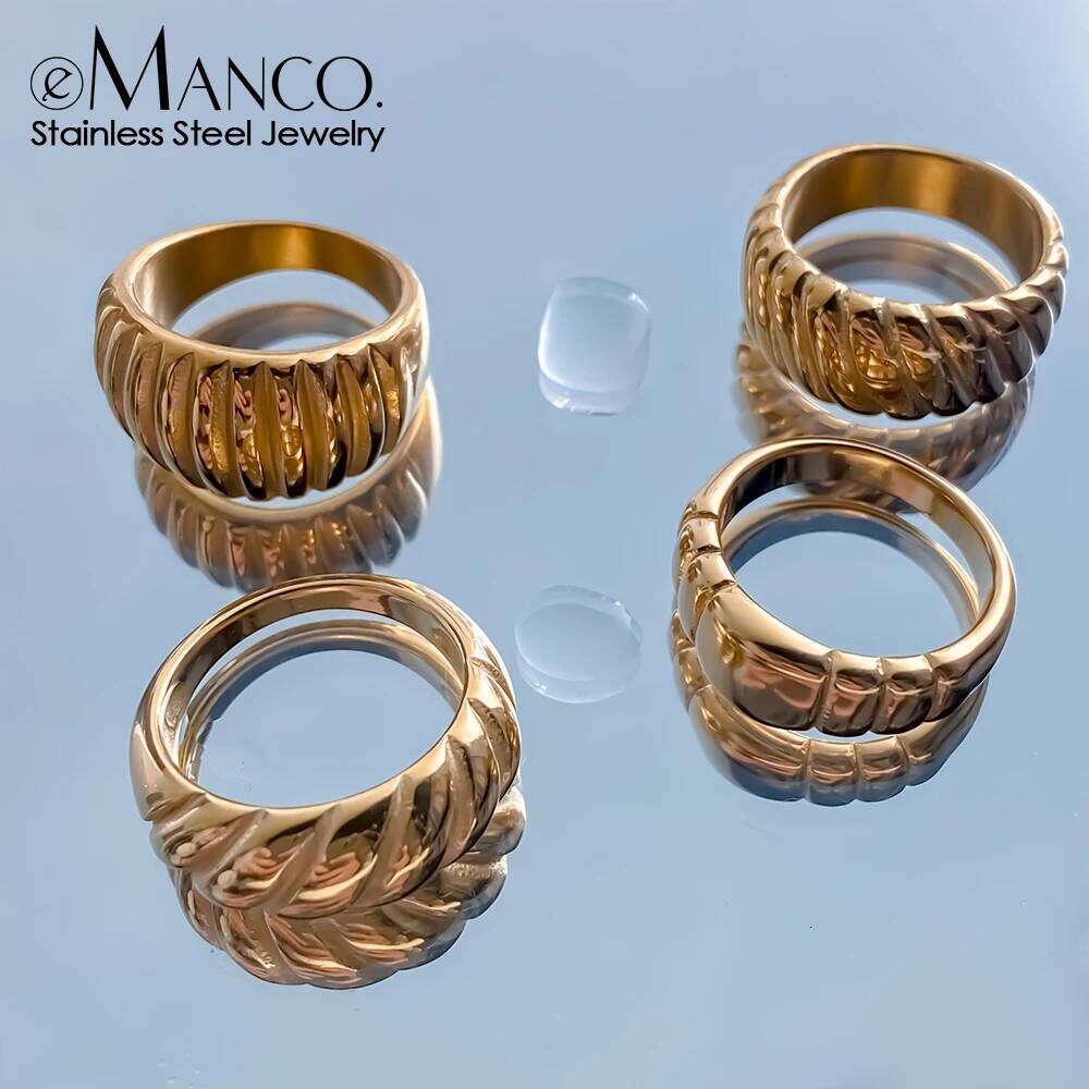 eManco Stainless Steel Y2K Rings Set Art Deco Style Geometric Textured Elements Daily Versatile Statement Ring Jewelry