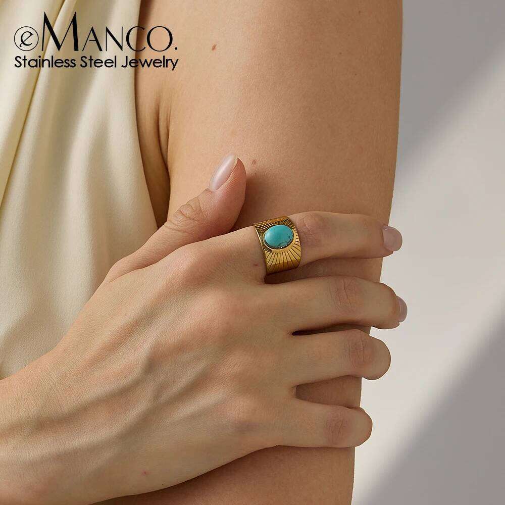 eManco Stainless Steel Inlaid Colorful Stone Wide Ring for Women Men Vintage French Temperament Jewelry Gift Wholesale