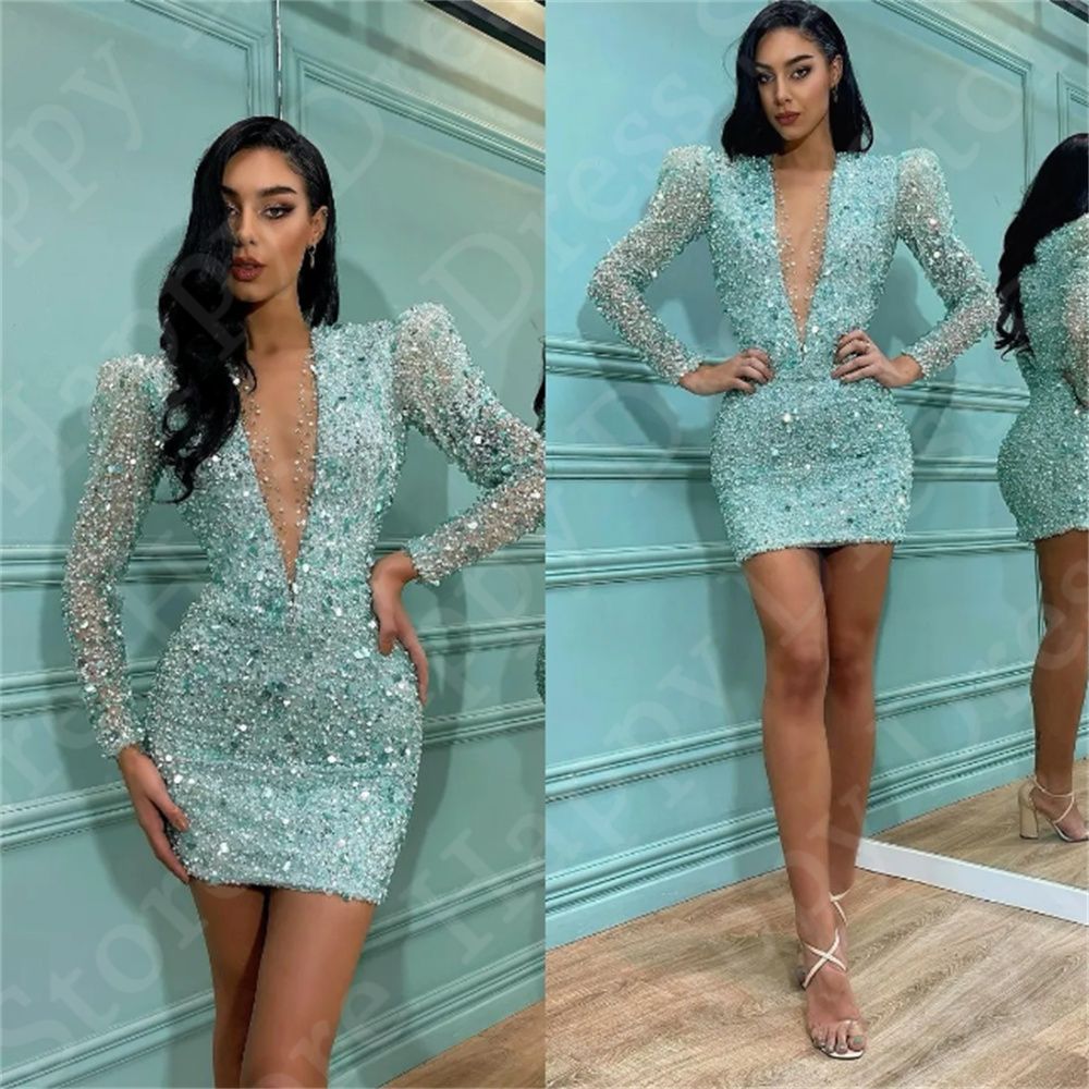 Sexy Deep V-Neck Cocktail Prom Dress Sparkly Sequin Short Dress Long Sleeves Sheath Mini Special Evening Dress New Vestidos De Fiesta J04