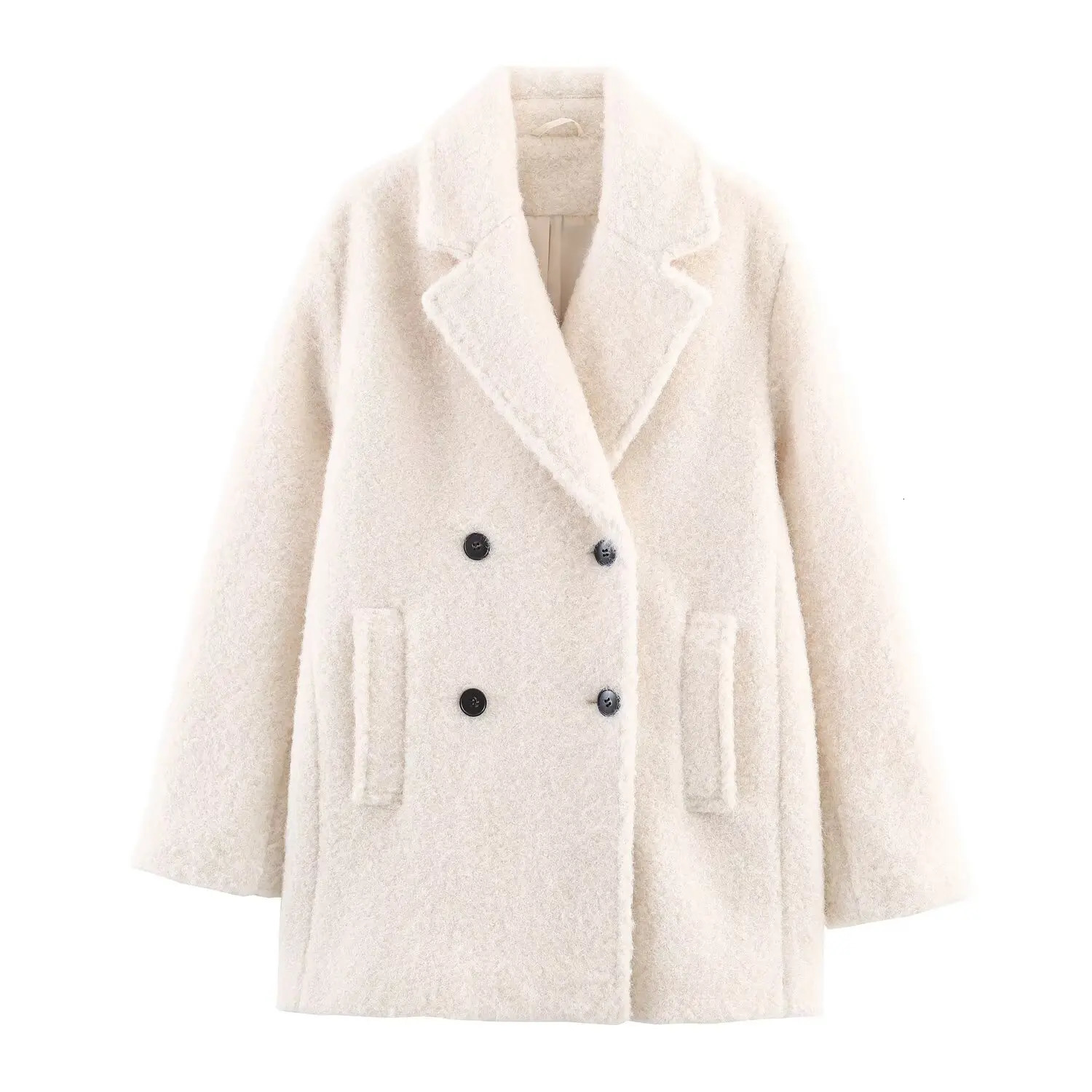 BSAY Double Breasted Coat for Women Fashion Autumn Winter white woolen fabric warm short overcoat Chic Ladies Tops Mujer 251216