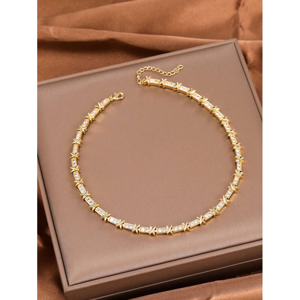 T Brand Light Luxury Inlaid Zircon Full Diamond Necklace Set Design Sense Gold and Silver Color Block Letter X Collarbone Chain