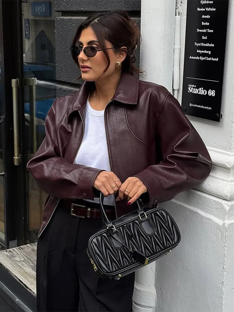 Ladies burgundy PU leather short jacket fashionable autumn lapel zipper high street loose 251225