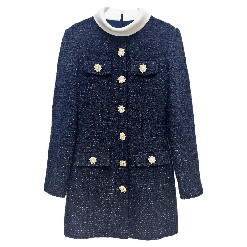 The New Autumn-winter Navy Blue Tweed Elegant Business Suit-style Dress In 2026 Features A Small Stand-up Collar And A Contrasting Design