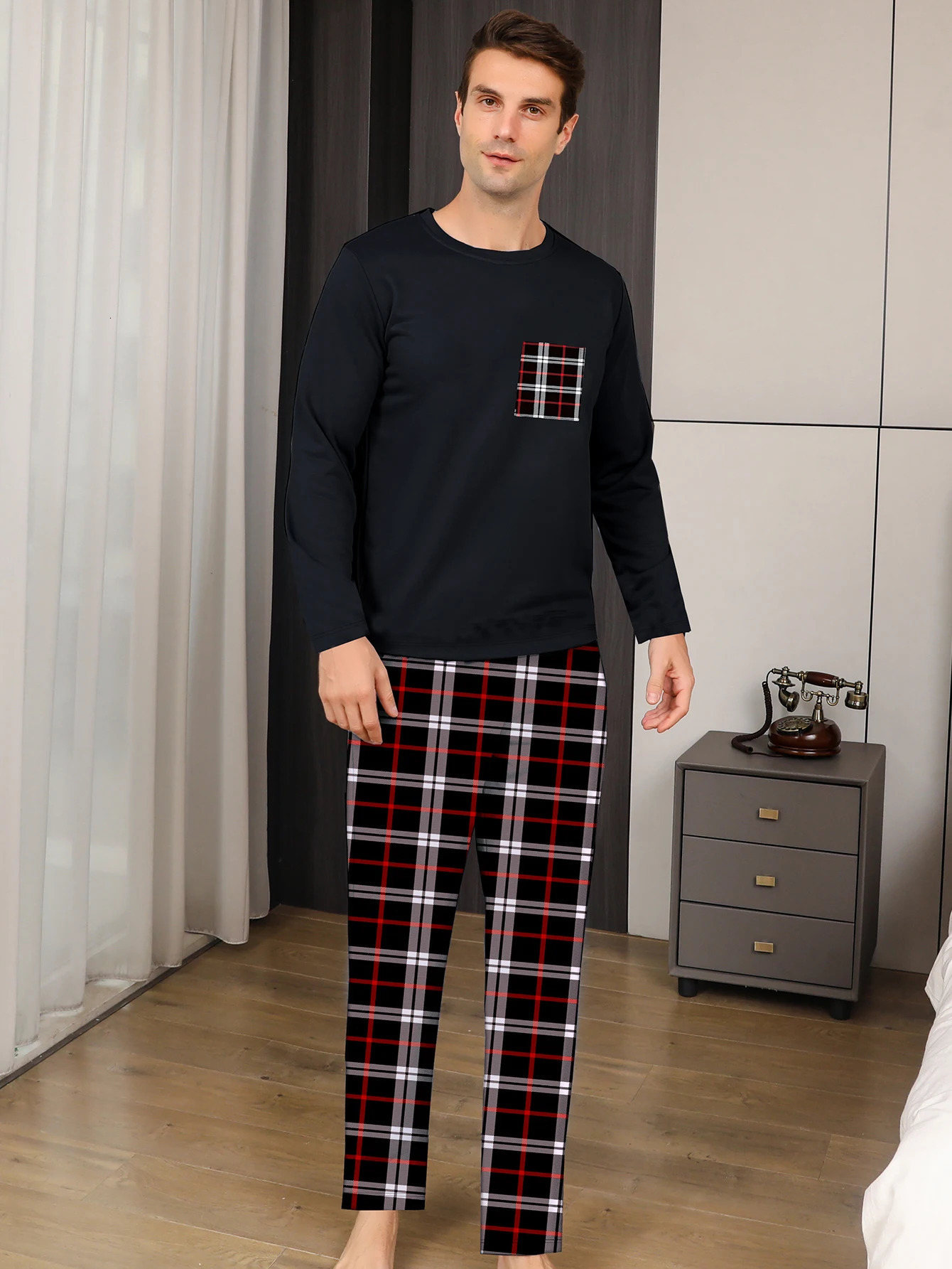 Two piece sets mens pajamas autumn and winter long sleeved pants checkered sleepwear set 251231