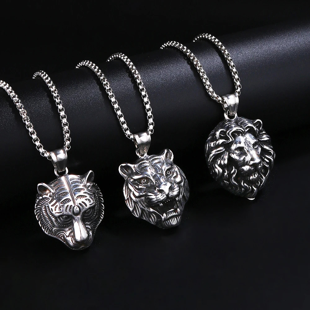 1PC Mens Stainless Steel Animal Wolf Pendant Necklace for Men Fadeless Tiger Lion Necklace Man Jewelry 251230