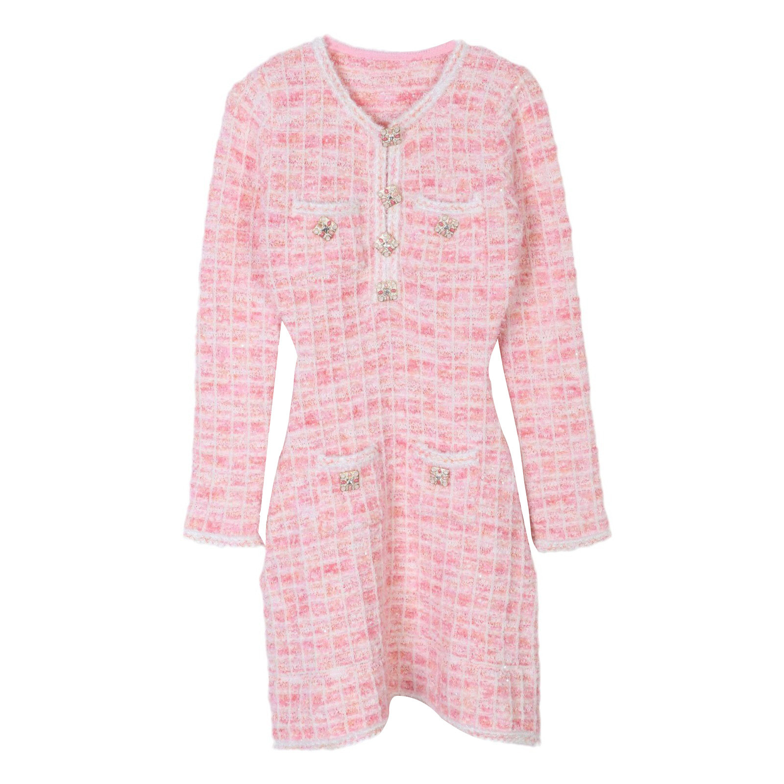 Urban Sexy Little Lady Dress - Social Elite Elegant And Sweet Age-reducing Pink Check Pattern Round-neck Knitted Dress 2026 Autumn New French Style.
