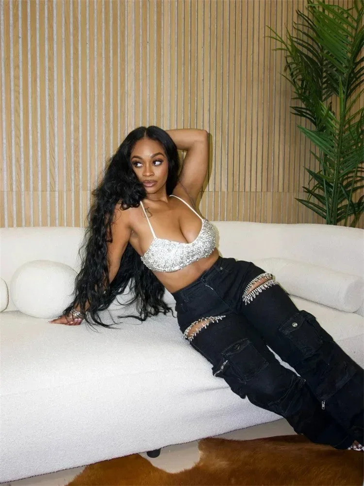 Wmstar Autumn Style Personalized Women Pants with Tassel Diamond Pieces Mid Waist Straight Leg Jeans Wholesale Drop 251225