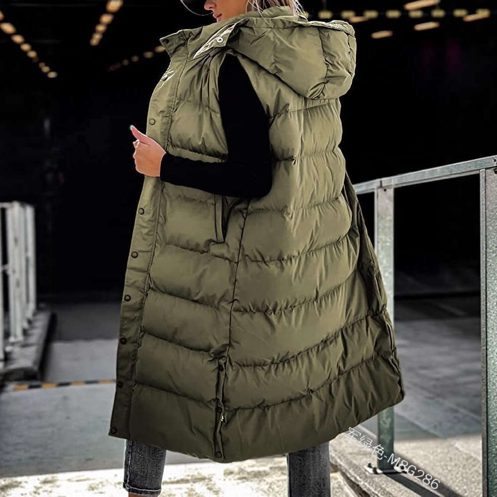 Cross-Border European and American Solid Color Mid-Length Vest Hooded Top Women's Casual Fashion Zipper Single-Breasted Jacket