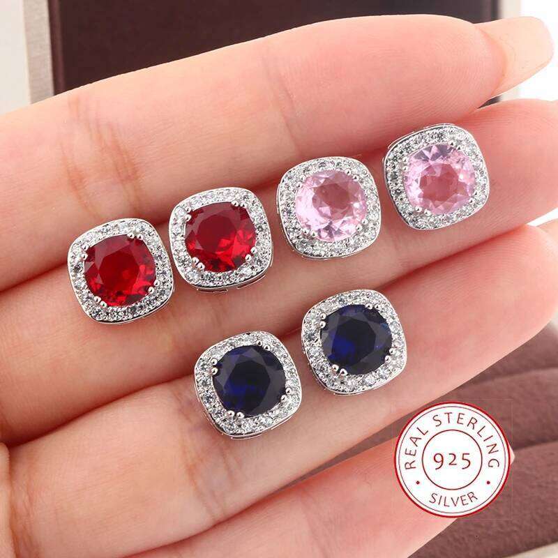 Geometric Blue Red Stud Earrings for Women Everyday Wear Elegant Accessories Anniversary Gift Fashion 925 Silver Jewelry