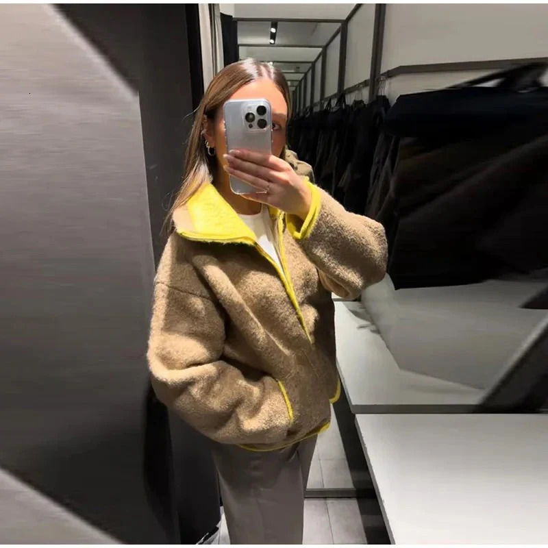 Women Fashion Contrasting Knitted Cardigan Elegant Long Sleeve Pockets Zipper Sweater 2026 Spring Street Lady Chic Outwear 251224