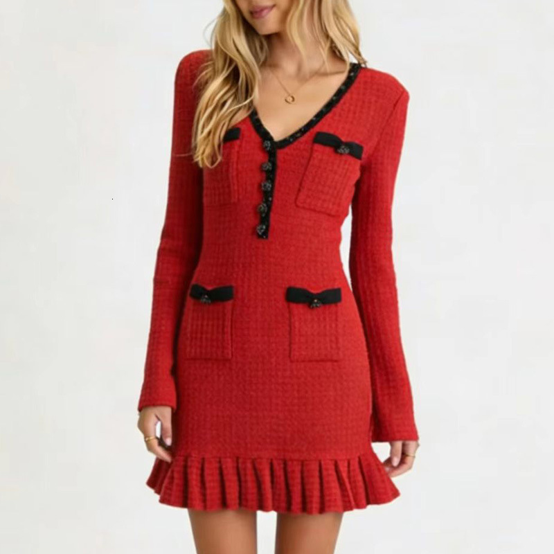 European And American Style Long-sleeved Ruffled Dress With Color-matched V-neck And Fitted Knitted Short Skirt Suitable For Ladies To Wear In Autumn 