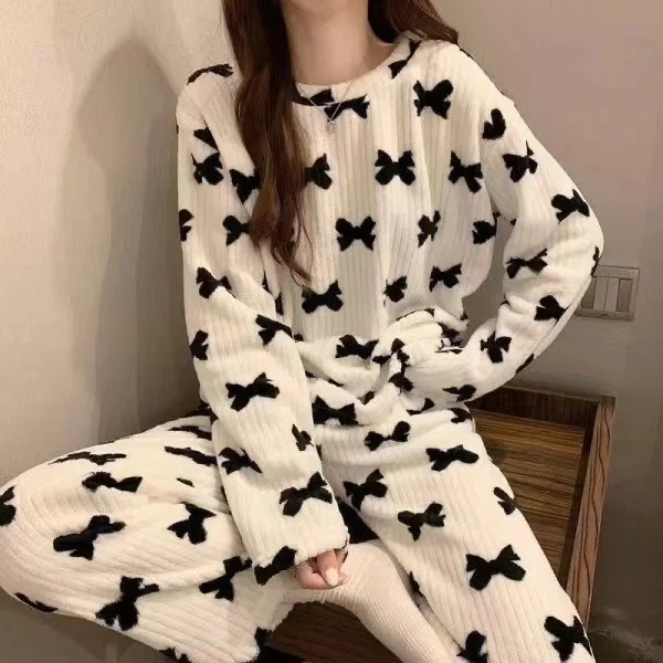 Thiened Long Sve Coral Fce Pajamas Winter Home Clothes Set Cute Cartoon Print round Ne Spwear for Youth 251231