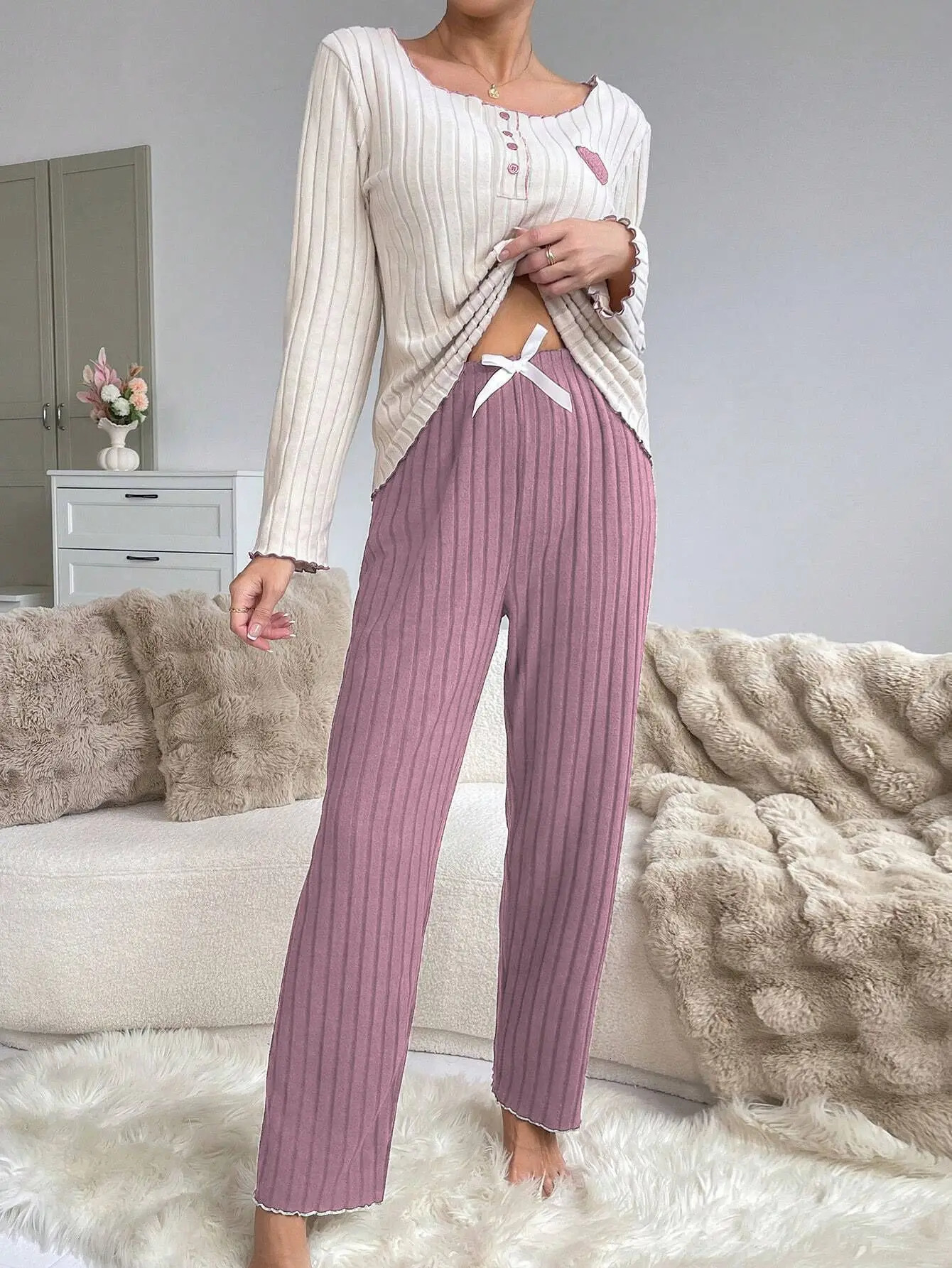 Women Autumn Winter Sleepwear Casual Long Sleeve Heart Printd Tops and Trousers Pajamas Set Homewear Loungewear 251231